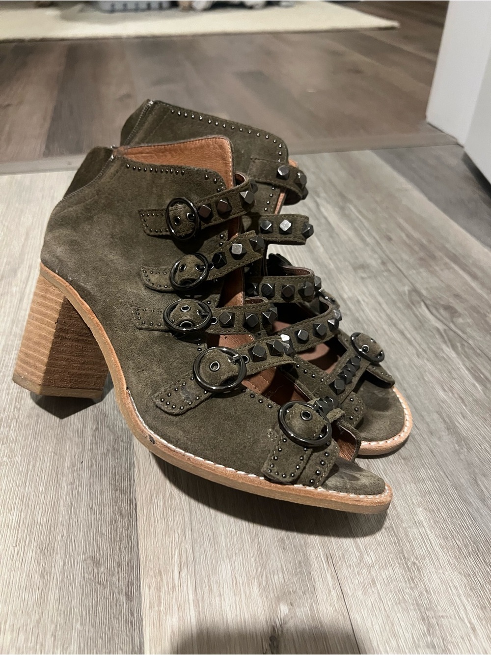 Jeffrey Campbell Olive Suede Studded Strappy Block Heel Boots